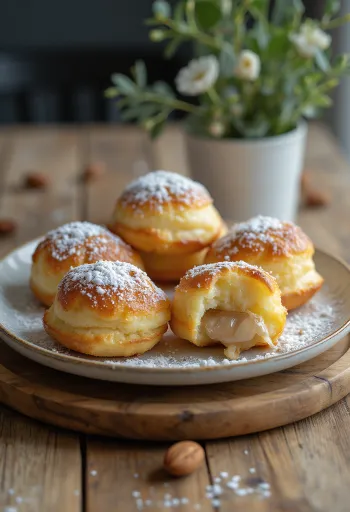 Æbleskiver mandulás töltelékkel, porcukorral megszórva, egy tálban tálalva