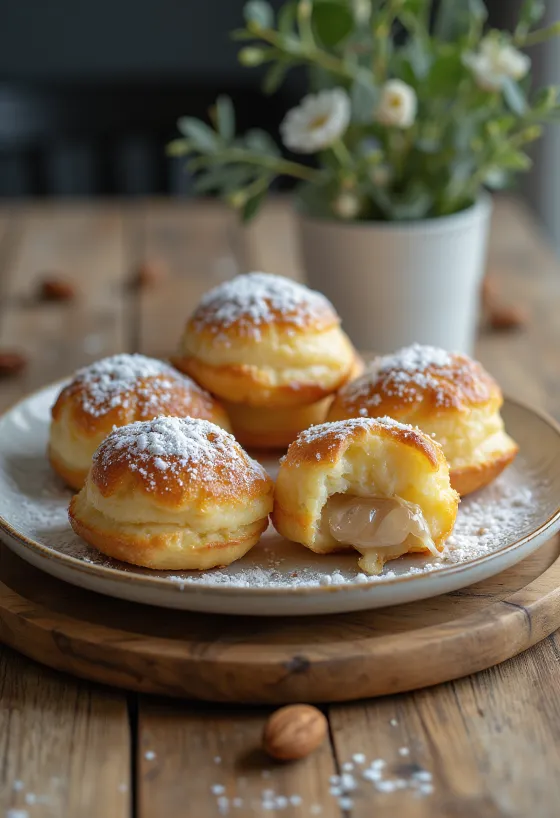 Æbleskiver mandulás töltelékkel, porcukorral megszórva, egy tálban tálalva