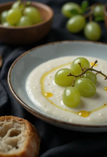 Ajo blanco olívaolajjal, díszítve friss szőlőszemekkel.