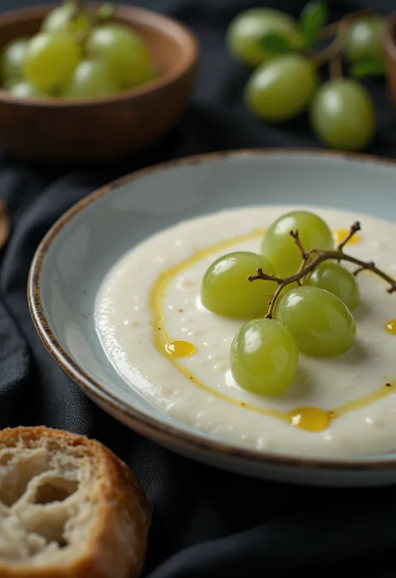 Ajo blanco olívaolajjal, díszítve friss szőlőszemekkel.