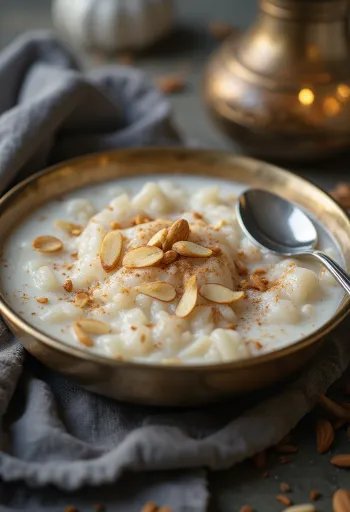 Almond Kheer mandulával, rózsavízzel és száraz gyümölcsökkel díszítve