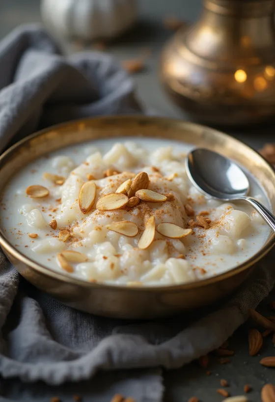 Almond Kheer mandulával, rózsavízzel és száraz gyümölcsökkel díszítve