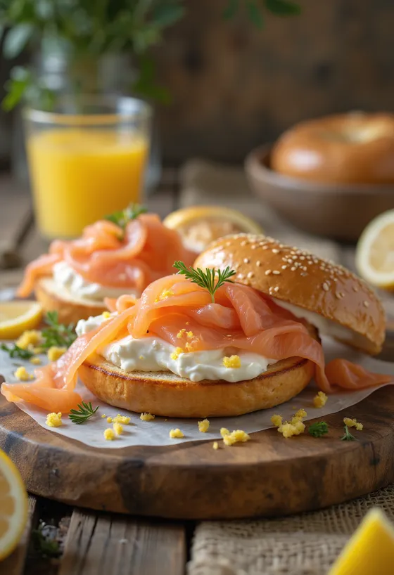 Bagel krémsajttal és füstölt lazaccal, friss kaporral díszítve