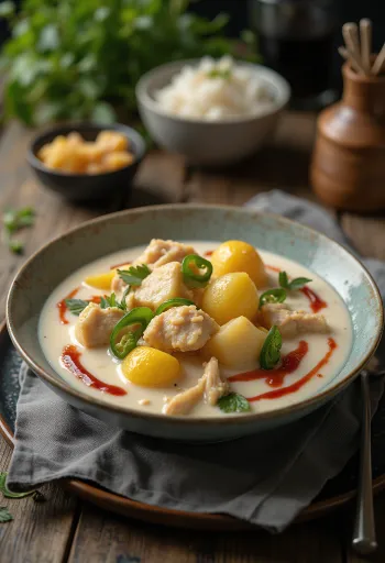 Bicol Express burgonyával, gazdag kókusztejjel és csirkével