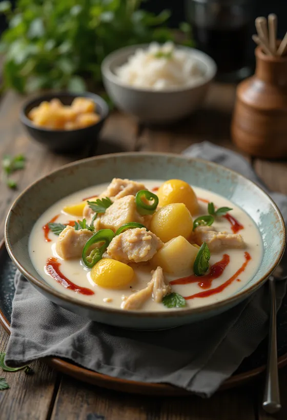 Bicol Express burgonyával, gazdag kókusztejjel és csirkével