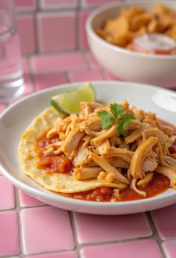 Chilaquiles con pollo deshebrado ropogós tortilla darabokkal, piros szósszal, reszelt sajttal és tejföllel tálalva
