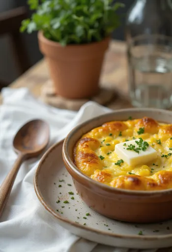 Chipa Guasu vajjal, friss korianderrel tálalva