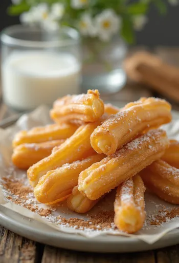 Churros cukorral, fahéjas cukorral megszórva, frissen sült