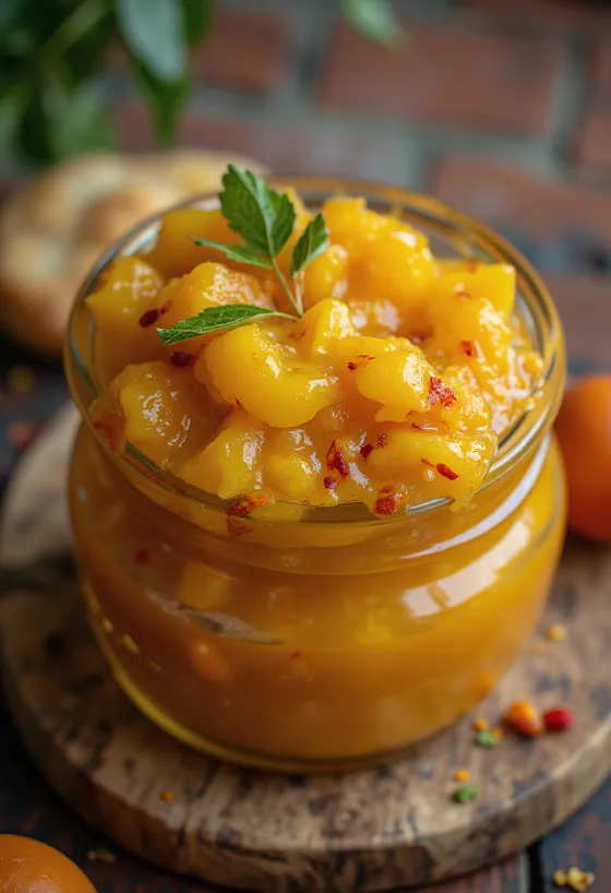 Csípős mangó chutney tálalva naan kenyérrel