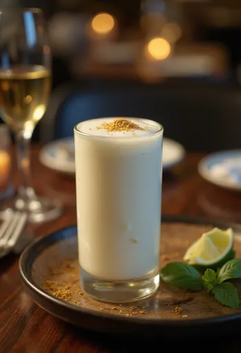 Édes lassi tálalva, friss korianderrel díszítve