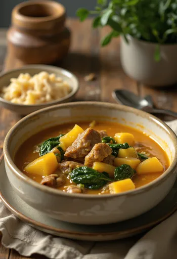 Egusi soup kecskehússal, gazdag, fűszeres leves, tálalva friss zöldségekkel