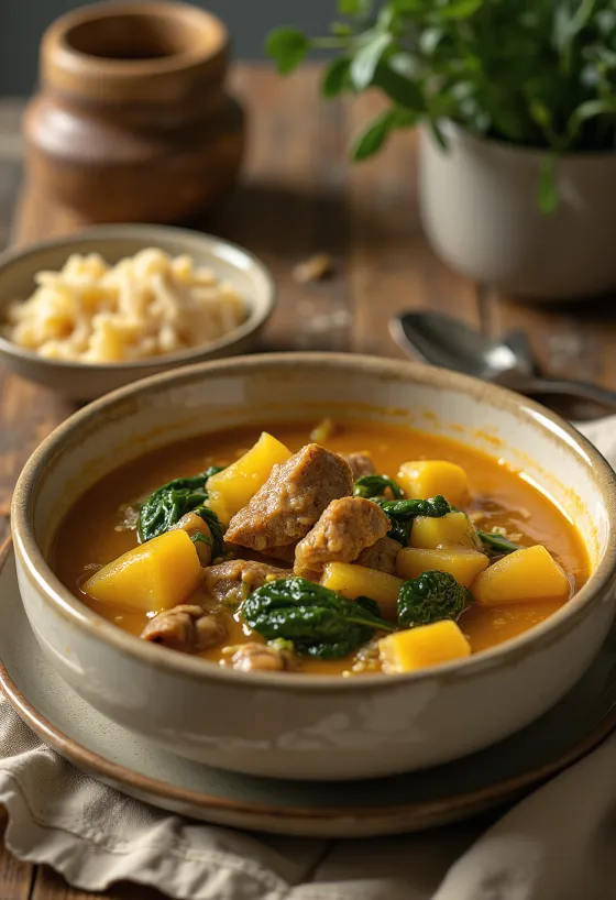 Egusi soup kecskehússal, gazdag, fűszeres leves, tálalva friss zöldségekkel