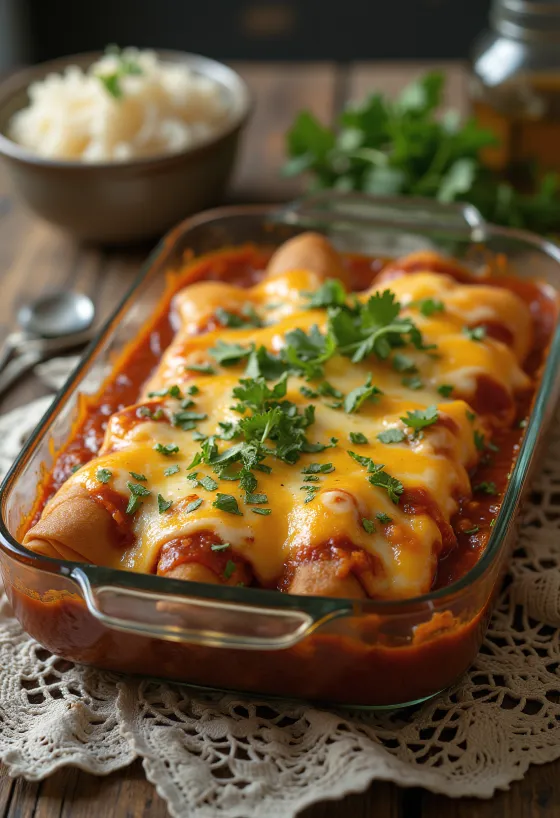 Enchilada marhahússal, sajttal és salsa szósszal, friss korianderrel díszítve