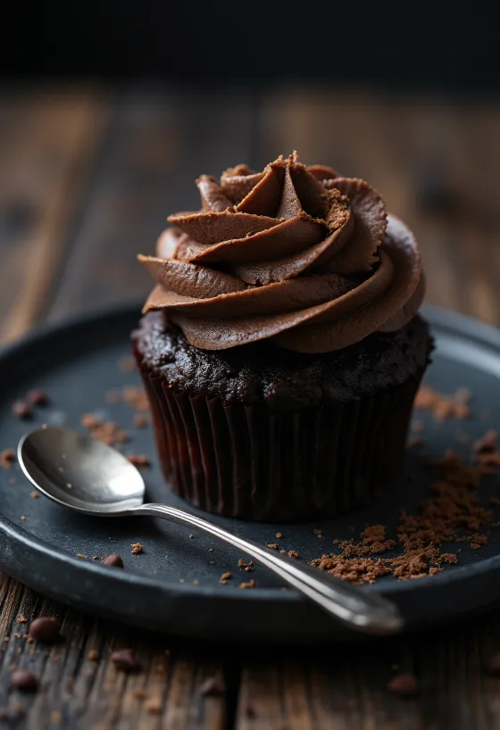 Étcsokoládés cupcake tálalva