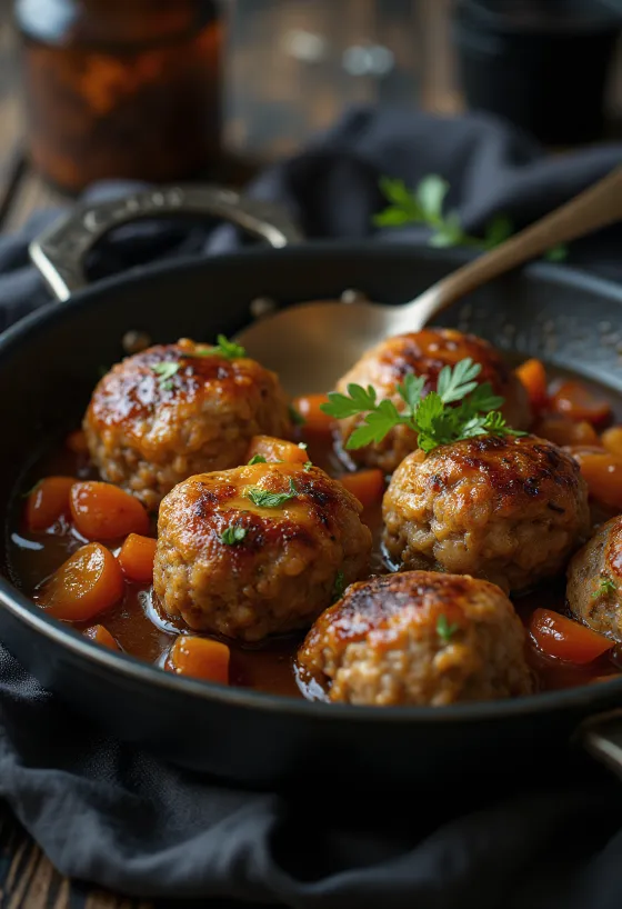 Frikadeller sertés és marhahús keverékéből, aranybarna, ropogós külsejű gombócok tálalva
