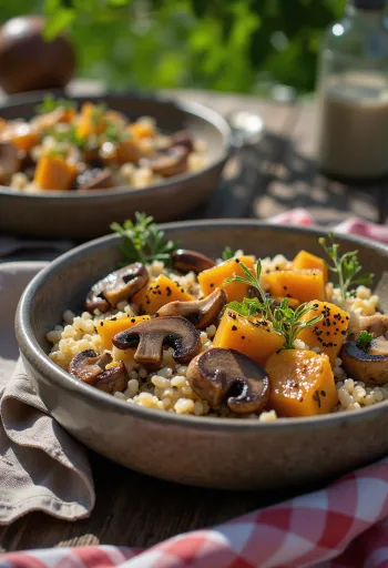 Gombás quinoa Buddha-tál friss zöldségekkel tálalva