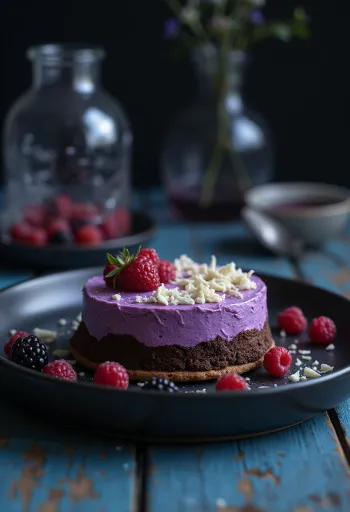 Gyümölcshabos csokis torta szeletekkel tálalva