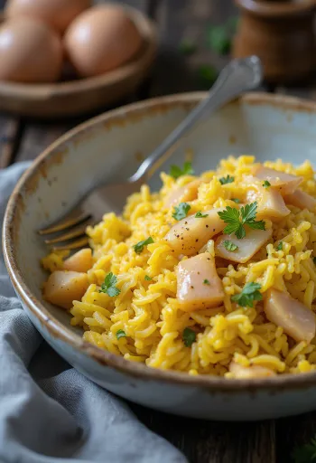 Kedgeree petrezselyemmel, füstölt hallal és tojással, egy ínycsiklandó étel