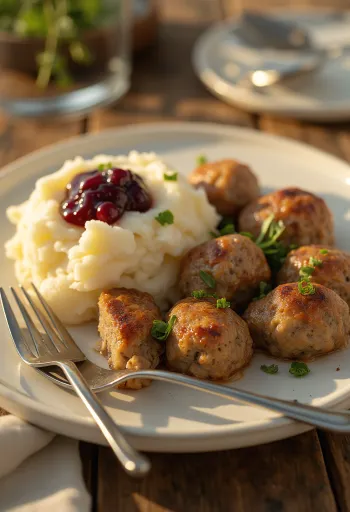 Köttbullar áfonyalekvárral tálalva, friss fűszerekkel díszítve