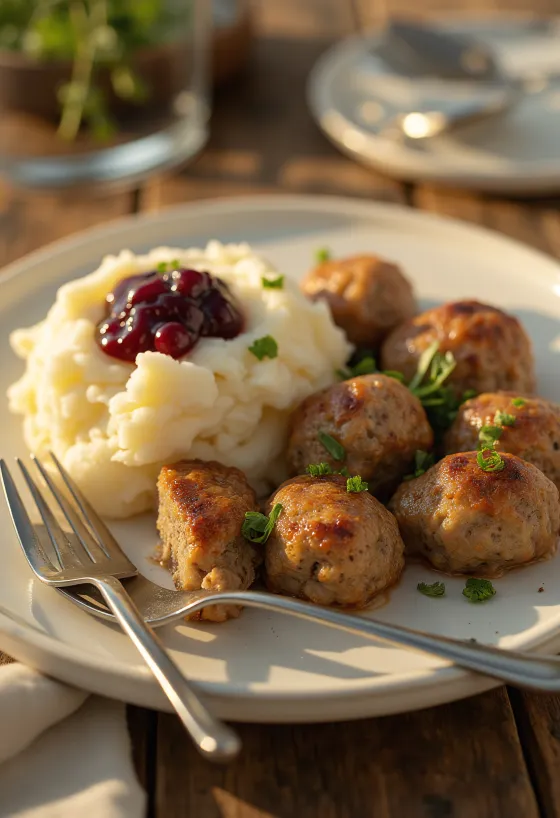 Köttbullar áfonyalekvárral tálalva, friss fűszerekkel díszítve