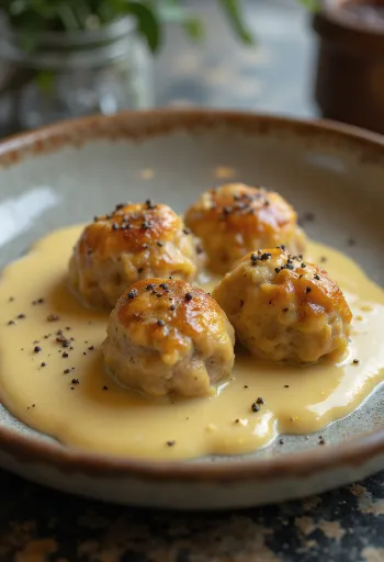 Köttbullar tejszínes mártással, tálalva friss petrezselyemmel