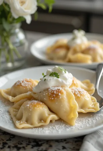Túrós lengyel pierogi porcukorral és tejföllel tálalva