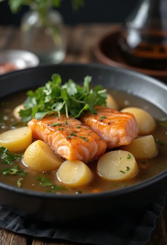 Marmitako de salmón, spanyol étel lazaccal, zöldségekkel