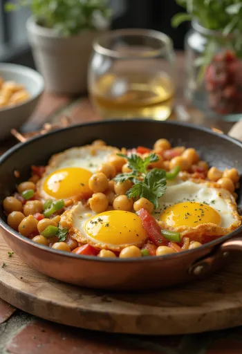 Menemen csicseriborsóval friss, zöldségekkel tálalva, tojásokkal a tetején