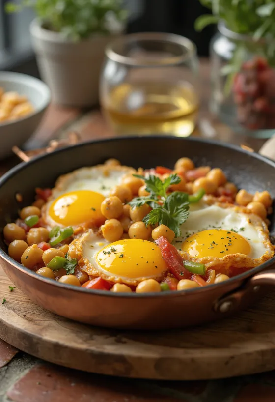 Menemen csicseriborsóval friss, zöldségekkel tálalva, tojásokkal a tetején