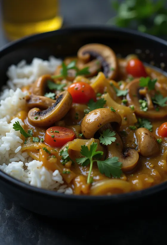Moqueca gombával, kókusztejjel és friss korianderrel tálalva