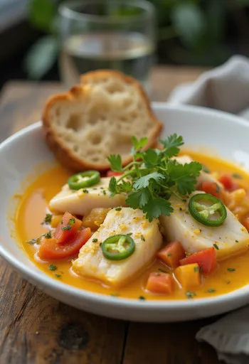 Moqueca tejmentes változata, hal és zöldségek kókusztejben főzve, friss korianderrel tálalva
