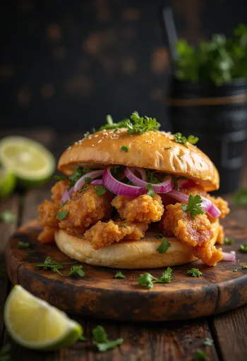Pan con chicharrón korianderrel, ropogós sertéshússal és friss korianderrel tálalva.