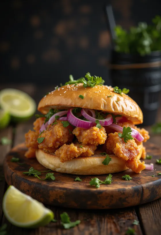 Pan con chicharrón korianderrel, ropogós sertéshússal és friss korianderrel tálalva.
