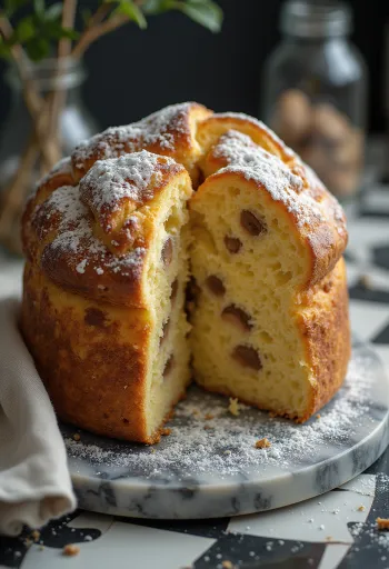Panettone gesztenyével szeletek, aranybarna pörkölt felülettel