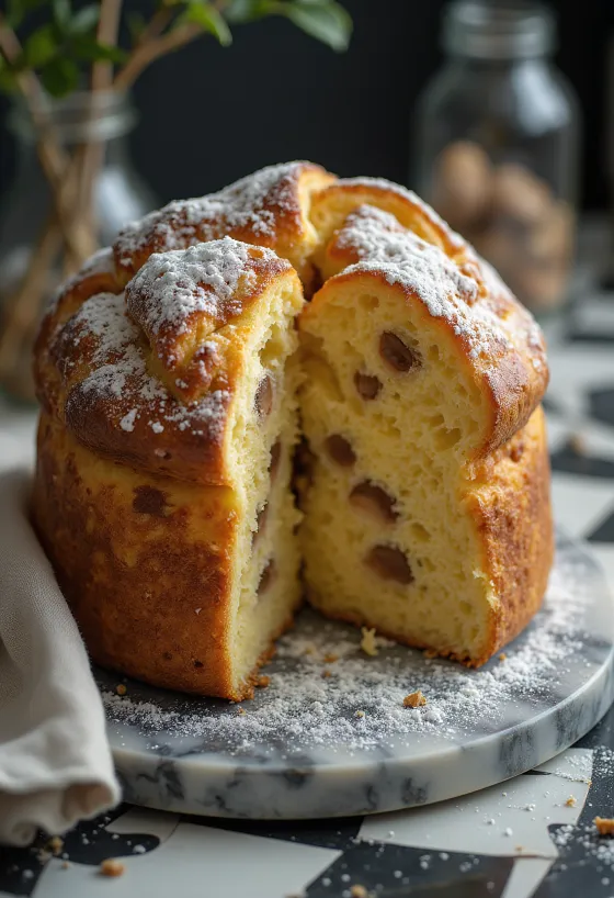 Panettone gesztenyével szeletek, aranybarna pörkölt felülettel