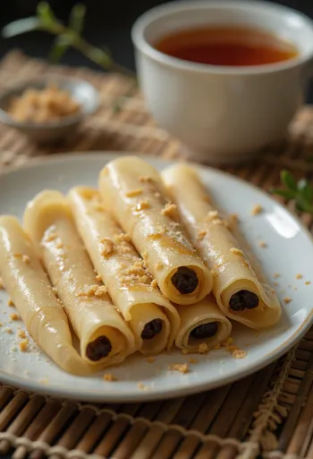 Patishapta bengáli palacsinta nolen gur töltelékkel tálalva