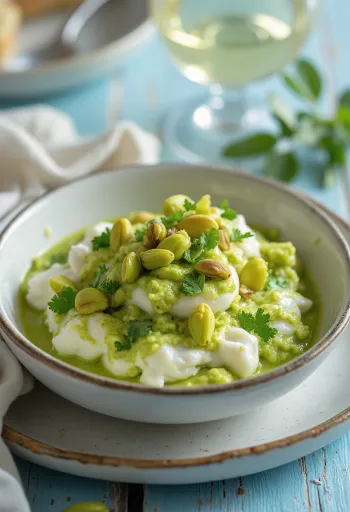 Pesto pisztáciával és ricottával tálalva tésztával és friss bazsalikommal
