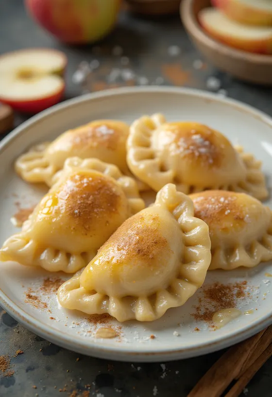 Pierogi almával, édes almás töltelékkel tálalva