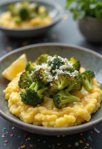 Krémes polenta sült brokkolival tálalva, fokhagymás ízesítéssel