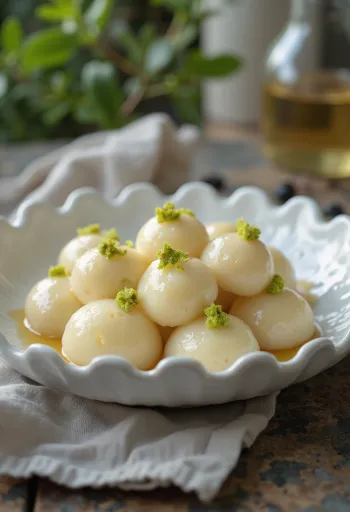 Rasgulla pisztáciával díszítve, tálalva egy elegáns tányéron.