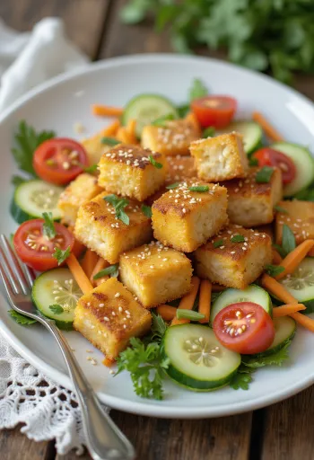 Sült tofu zöldséges salátával tálalva