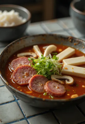 Sundae Jeongol Jeongol Guk, koreai leves tofussal, gombával és friss zöldhagymával tálalva