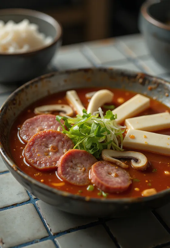 Sundae Jeongol Jeongol Guk, koreai leves tofussal, gombával és friss zöldhagymával tálalva
