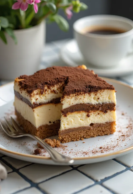 Tiramisu sajttorta kakaóporral díszítve