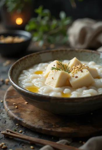 Tofuval készült Congee, kínai rizs kása tofut, fokhagymát és gyömbért tartalmaz