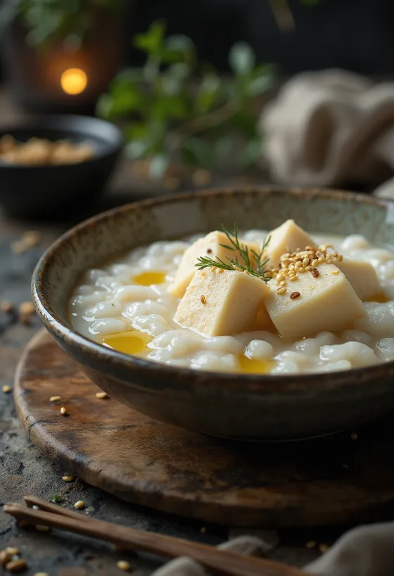 Tofuval készült Congee, kínai rizs kása tofut, fokhagymát és gyömbért tartalmaz