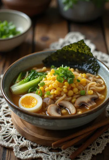 Vegetáriánus ramen tálalva zöldségekkel