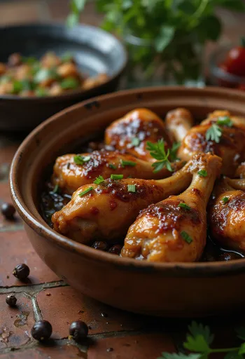 Adobo hússal, szójaszószban és fehérboros mártásban tálalva, friss zöldfűszerekkel díszítve