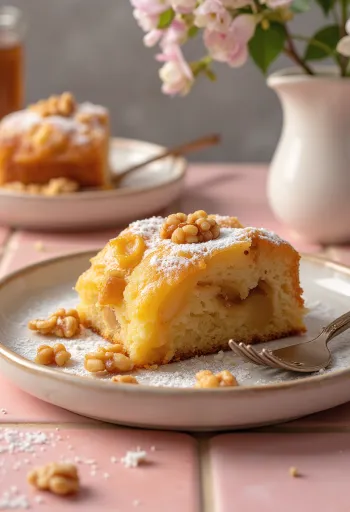 Almás-mézes torta porcukorral meghintve, szeletelve tálalva