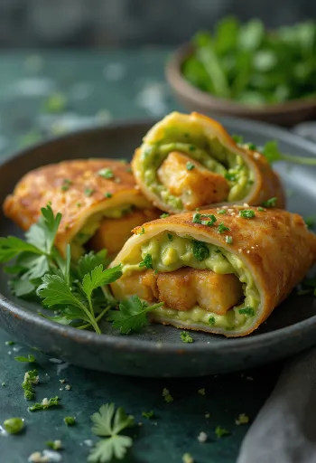 Avokádós sült tofu wrap tányéron tálalva